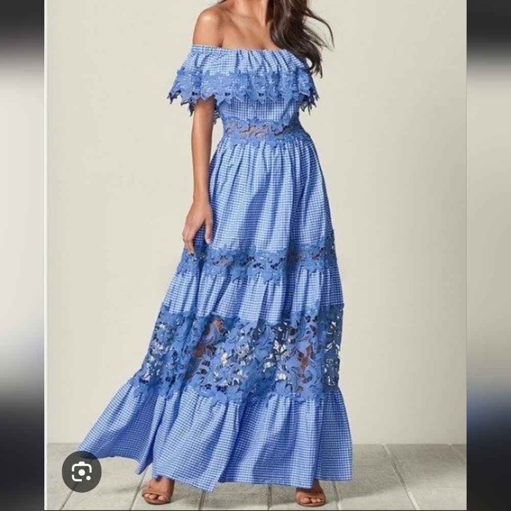 VENUS Blue Smocked Off-Shoulder Maxi Dress